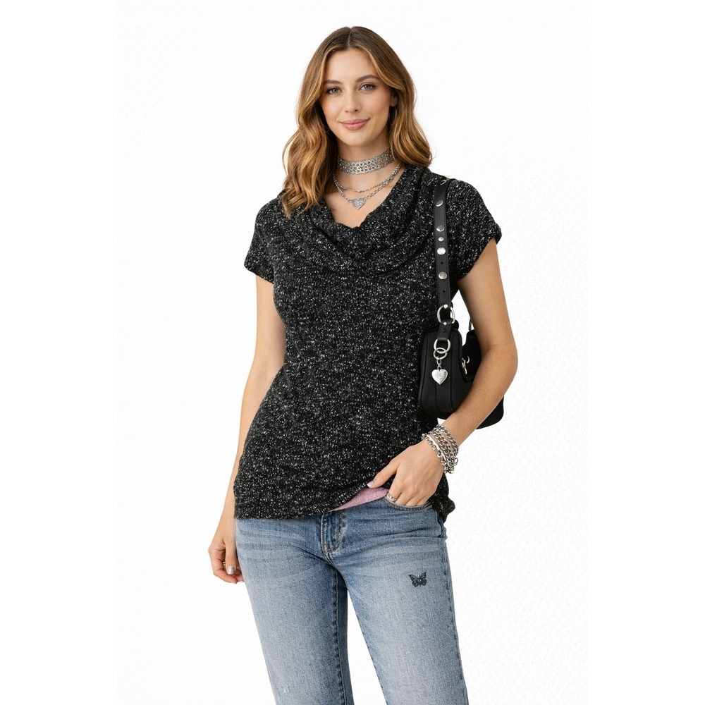 Y2K Rue21 Womens Cowl Neck Short Sleeve Marled‎ Knit Sweater Black White Small